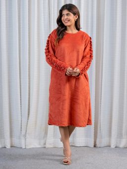 FEATHERS CLOSET - Super Soft Rust Woollen Ruffle Sleeve Dress