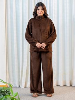 FEATHERS CLOSET - Zip-Up Super Soft Brown Woollen Sweatshirt With Pyjama