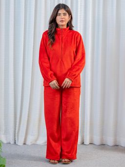 FEATHERS CLOSET - Zip-Up Super Soft Red Woollen Sweatshirt With Pyjama
