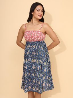YELLOW BLOOM - Blue And Pink Floral Printed Camisole Dress Petal Grove