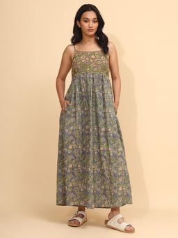 YELLOW BLOOM - Printed Spaghetti Strap Dress With A Contrast Yoke Detail Bageecha Bloom