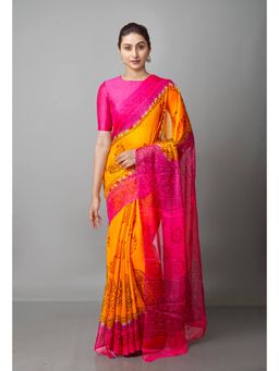 Unnati Silks - Yellow Pink Diamond Chiffon Rapid Hand Block Printed Silk Saree with Unstitched Blouse