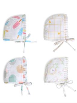 The Boo Boo Club - White Printed Muslin Bonnet Caps (0-3 Months) (Pack of 4)