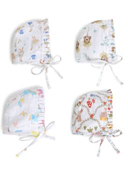 The Boo Boo Club - White Printed Muslin Bonnet Caps (0-3 Months) (Pack of 4)