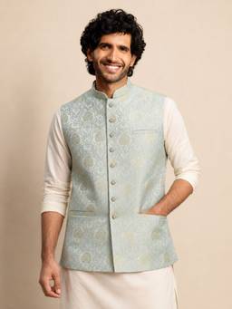 Vastramay - Aqua Silk Blend Self Design Regular Nehru Jacket