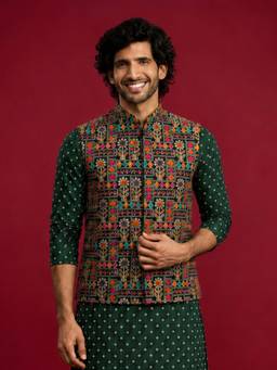Vastramay - Black Silk Blend Embroidered Nehru Jacket