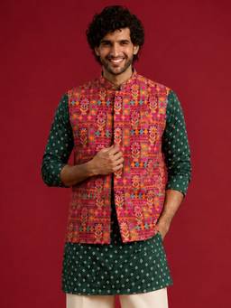 Vastramay - Red Silk Blend Embroidered Nehru Jacket