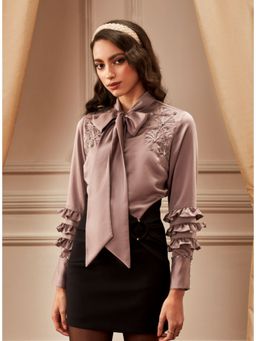 Label Deepika Nagpal - Walnut Frill Sleeve Shirt With Embroidered Shoulders