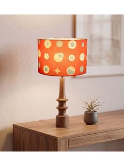 Freedom Tree - Turned Handcrafted Wood Table Lamp in Printed Amber Orange Drum Shade