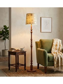 Freedom Tree - Wooden Handcrafted Natural Teak Floor Lamp with Sky Taper Printed Gold Shade