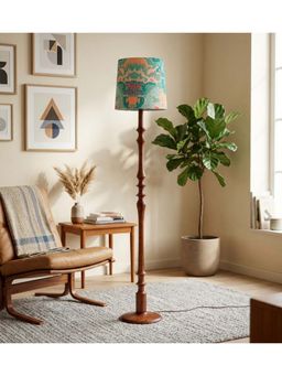 Freedom Tree - Wooden Handcrafted Natural Teak Floor Lamp with Taper Printed Green Shade