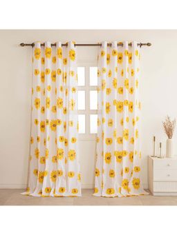 HOMEMONDE - Cotton Linen Sheer Sunflower Printed Curtains (Pack of 2)