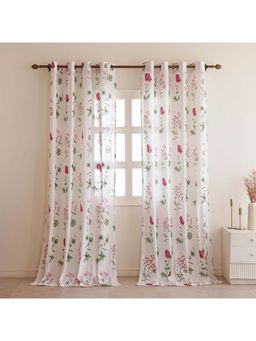 HOMEMONDE - Cotton Linen Textured Pink Floral Sheer Eyelet Curtains (Pack of 2)