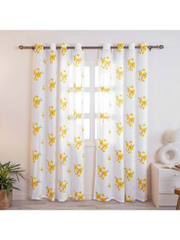 HOMEMONDE - Yellow Floral Sheer Linen Textured Eyelet Curtains (Pack of 2)