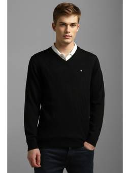 Louis Philippe - Men Black Solid V Neck Full Sleeves Sweater