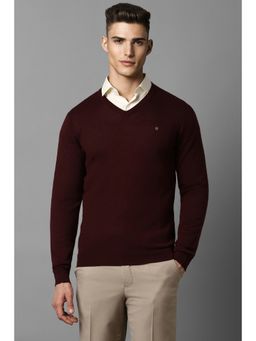 Louis Philippe - Men Maroon Solid V Neck Full Sleeves Sweater