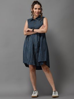 SHOWOFF - Womens Shirt Collar Teal A-line Printed Dress