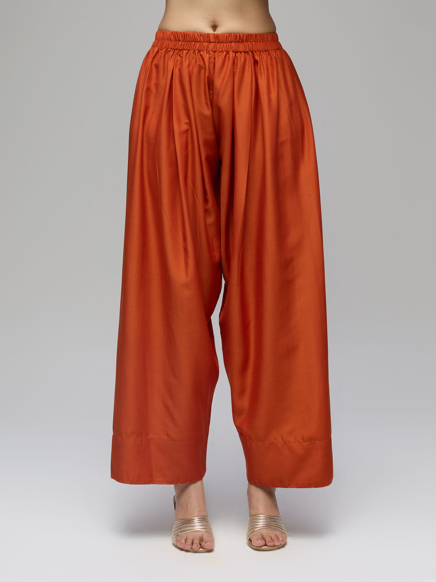 gajra gang Rust Poly Silk Solid Mid Waist Farshi Salwar Boho Naari-picture-23