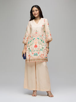 Gajra Gang - Beige Crepe Floral Kurta with Mid Waist Palazzo Blushed Affair (Set of 2)