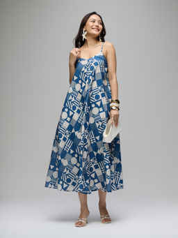Gajra Gang - Blue Crepe Geometric Print Bias Cut Strappy Midi Dress With Pockets Boho Naari