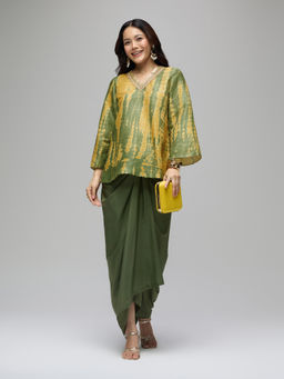 Gajra Gang - Olive Poly Silk Shibori Embellished Kurta With Drape Skirt Boho Naari (Set of 2)