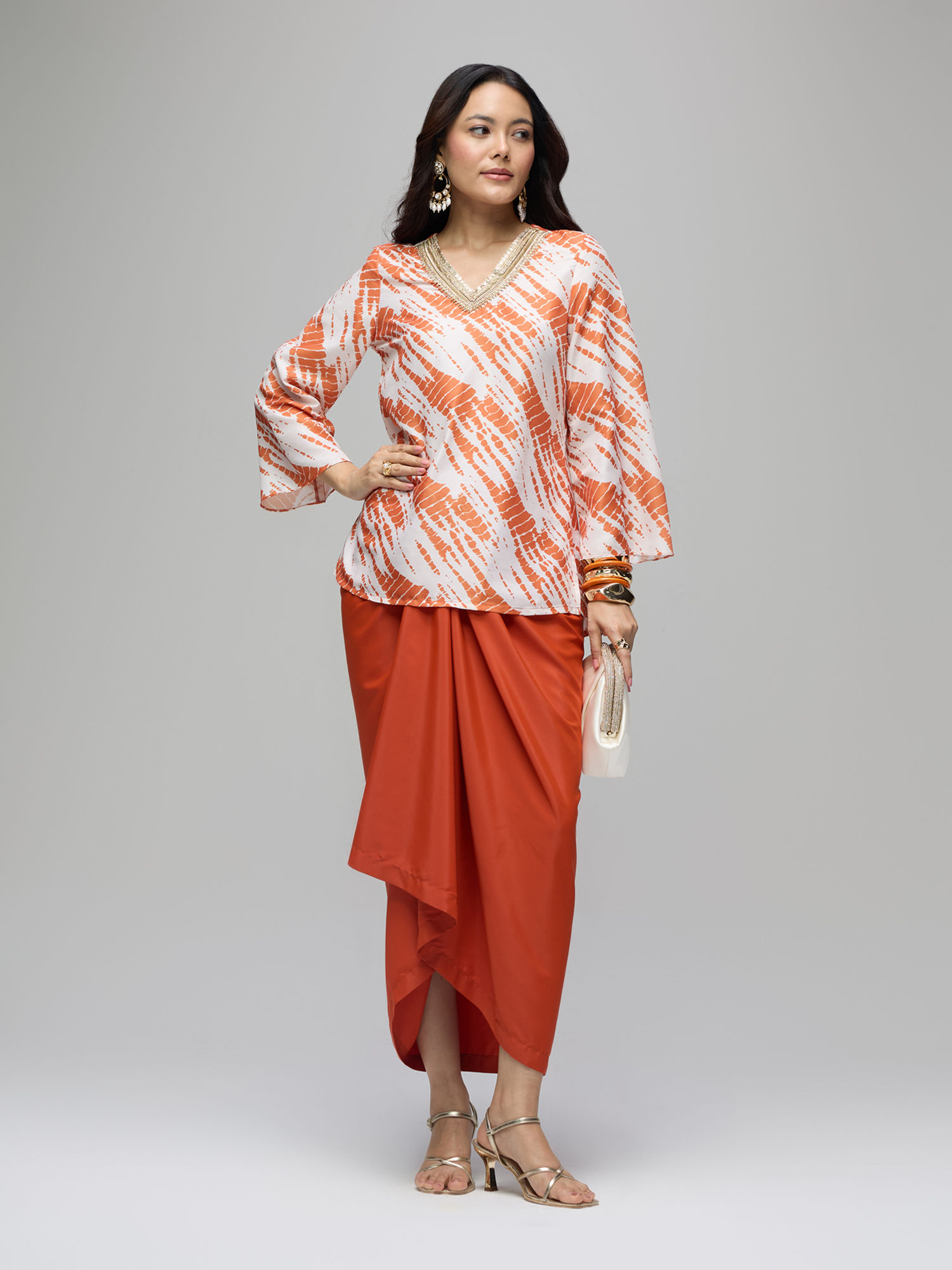 Rust Poly Silk Shibori Embellished Kurta With Drape Skirt Boho Naari (Set of 2)-image-42