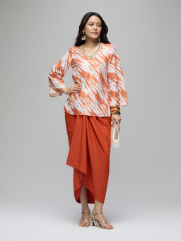 Gajra Gang - Rust Poly Silk Shibori Embellished Kurta With Drape Skirt Boho Naari (Set of 2)