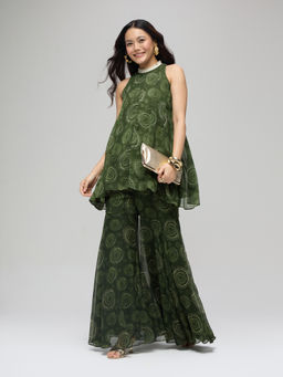 Gajra Gang - Green Chiffon Printed High Neck Panel Kurta With Sharara Boho Naari (Set of 2)