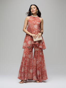Gajra Gang - Rust Georgette Printed High Neck Panel Kurta With Sharara Boho Naari (Set of 2)