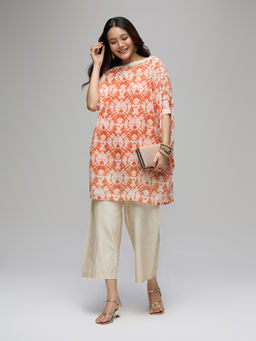 Gajra Gang - Rust Georgette Batik Print Kaftan Kurta With Solid Inner Boho Naari (Set of 2)