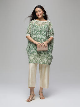 Gajra Gang - Olive Georgette Batik Print Kaftan Kurta With Solid Inner Boho Naari (Set of 2)
