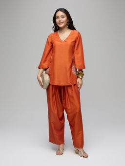 Gajra Gang - Rust Poly Silk Embroidered V-Neck Tunic Boho Naari