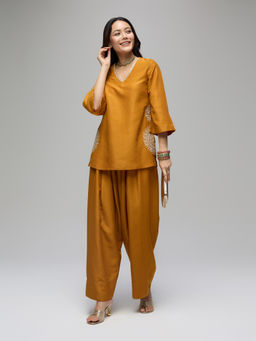Gajra Gang - Mustard Poly Silk Embroidered V-Neck Tunic Boho Naari