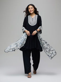 Gajra Gang - Black Embroidered Kurta with Salwar and Shibori Dupatta Chalk And Slate (Set of 3)