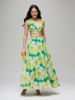 Gajra Gang - Green Georgette Floral Print Embellished Top And Skirt La Dolce Vita (Set of 2)