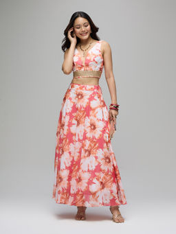 Gajra Gang - Coral Georgette Floral Print Embellished Top And Skirt La Dolce Vita (Set of 2)