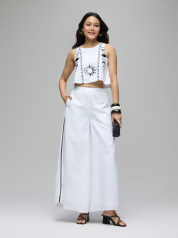 Gajra Gang - Off White Linen Embroidered Crop Top With Palazzo Chalk And Slate (Set of 2)