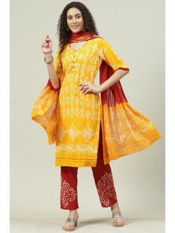 Biba - Yellow Cotton Hand Block Printed Unstitched Suit (Set of 3)