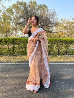 Odette - Brown Organza Embroidered Saree with Unstitched Blouse