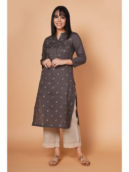 Barara Ethnic - Charcoal Floral Embroidered Linen Kurta