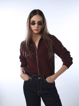 ONLY - Womens Textured Regular Fit Maroon Cardigan