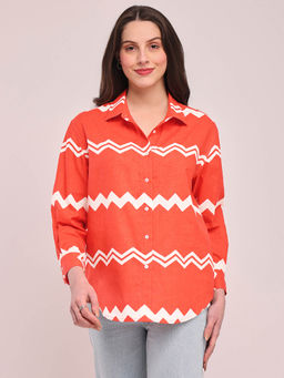 Pink Fort - Cotton Chevron Print Shirt - Peach