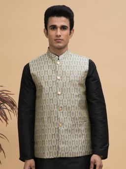 NEUDIS - Men Green Jacquard Ethnic Motif Silk Blend Nehru Jacket