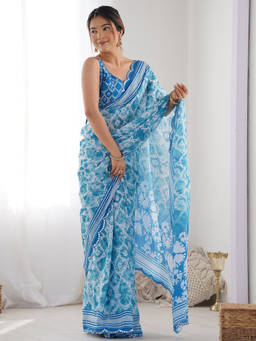URBAN PALLU - Light Blue Printed Mirror Work Poly Georgette Saree