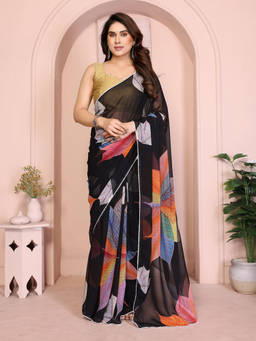 URBAN PALLU - Black Leaf Printed Pure Chiffon Saree