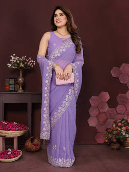 URBAN PALLU - Lavender Floral Embroidered Sequined Poly Georgette Saree