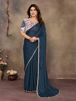 URBAN PALLU - Teal Solid Lace Border Poly Georgette Saree