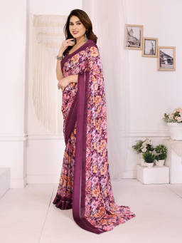 URBAN PALLU - Wine Floral Printed Chiffon Saree