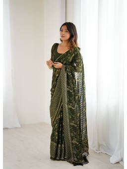 URBAN PALLU - Olive Floral Printed Chiffon Saree
