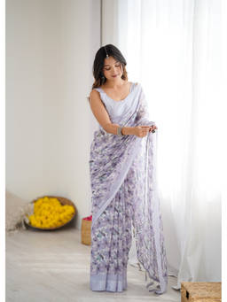 URBAN PALLU - Grey Floral Printed Chiffon Saree